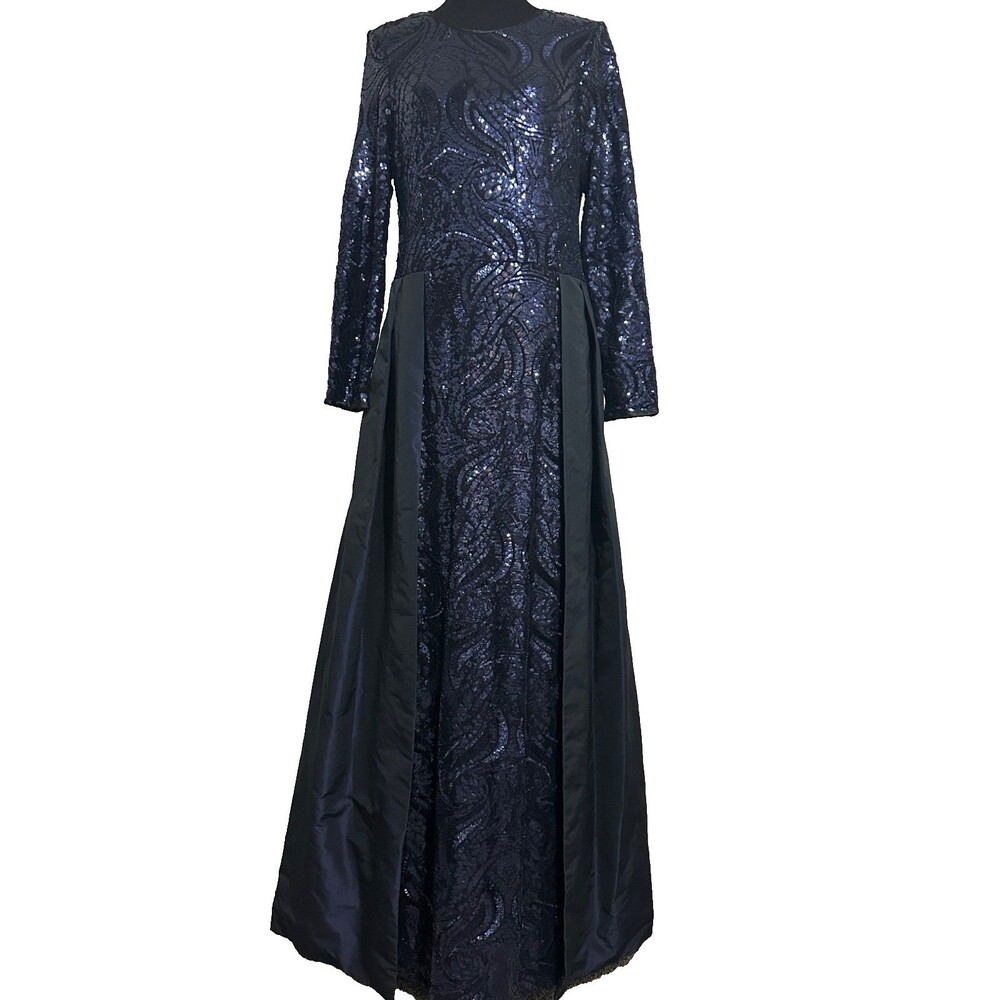 Rickie Freeman Teri Jon Navy Sequin Taffeta Gown Dress Womens Size 16 Gala TLC